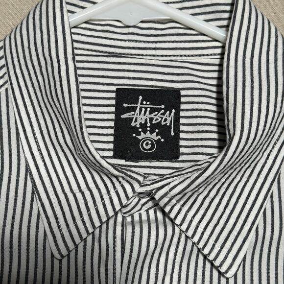 Stussy Shirt Mens Large Striped Button Up Pocket Made USA 90s Skater Streetwear - Picture 5 of 10